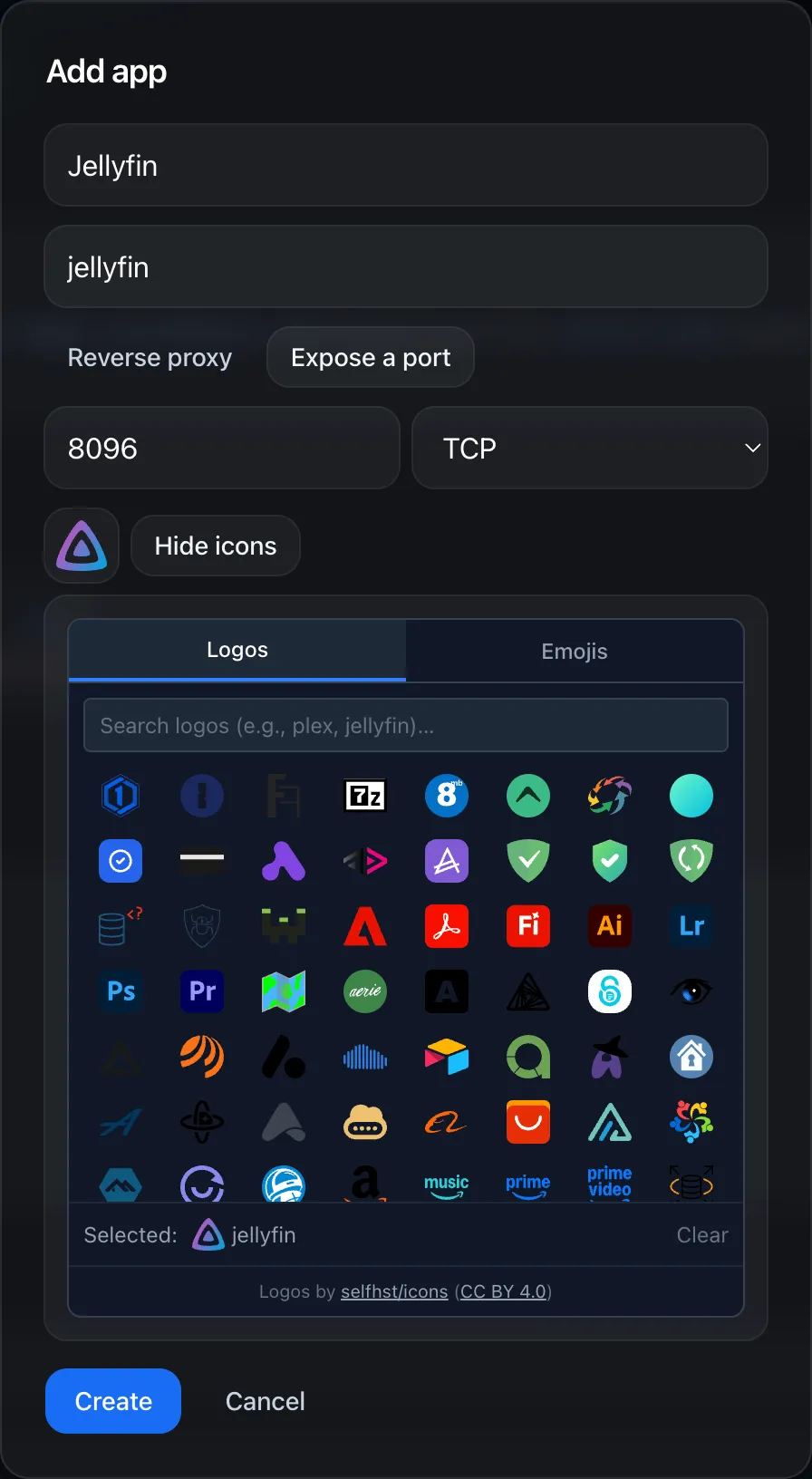 The Add app modal with Expose a port selected, showing Port and Protocol (TCP) fields and the icon picker open below.