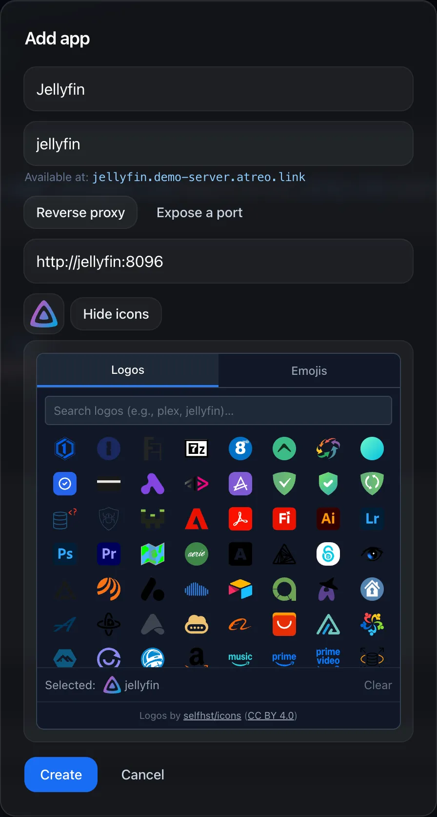 The Add app modal with a reverse-proxy app filled in and the icon picker open on the Logos tab with Jellyfin selected.