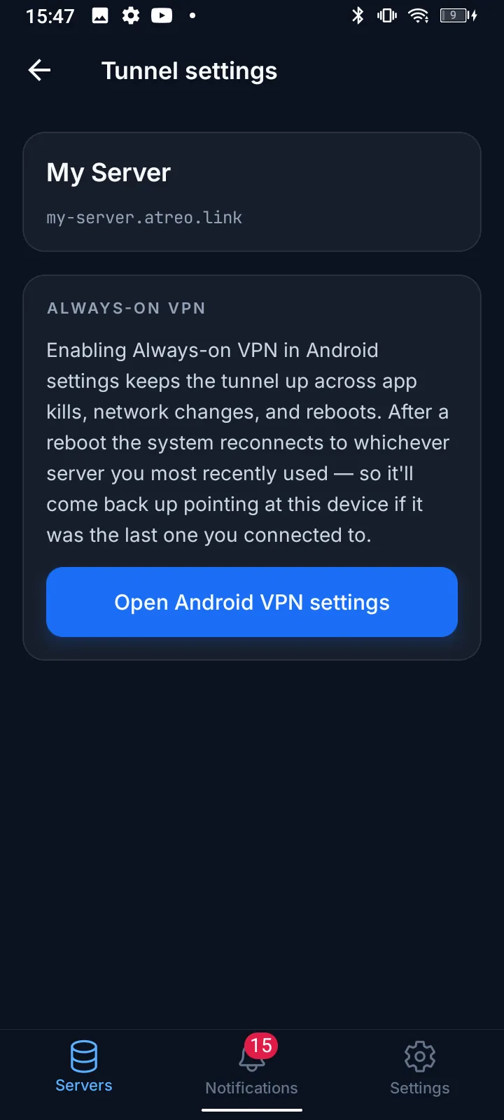 The Tunnel settings screen on Android, showing the server header and a single Always-on VPN card with an explanation and an Open Android VPN settings button.