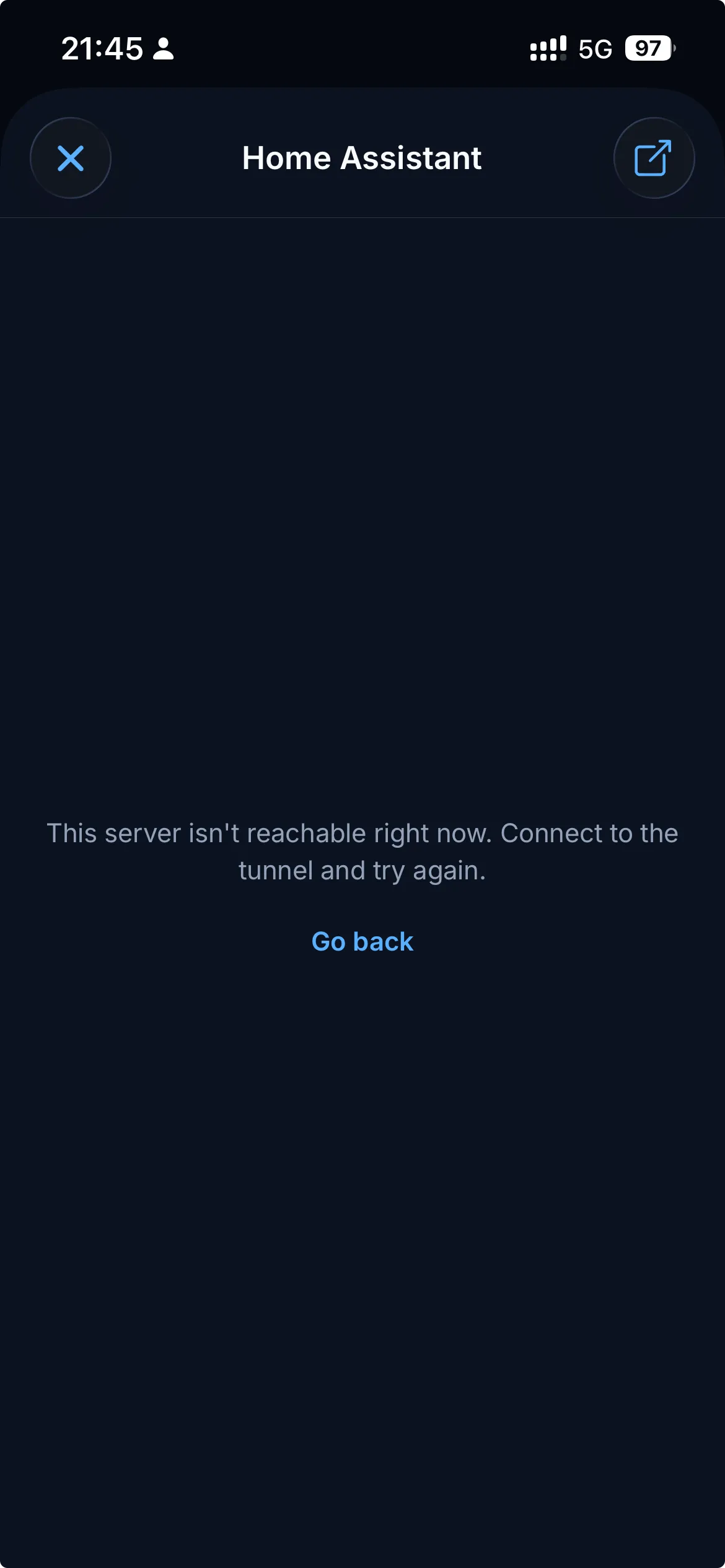 The in-app browser showing the message This server isn't reachable right now, with a Go back link, displayed when the tunnel drops while an app is open.
