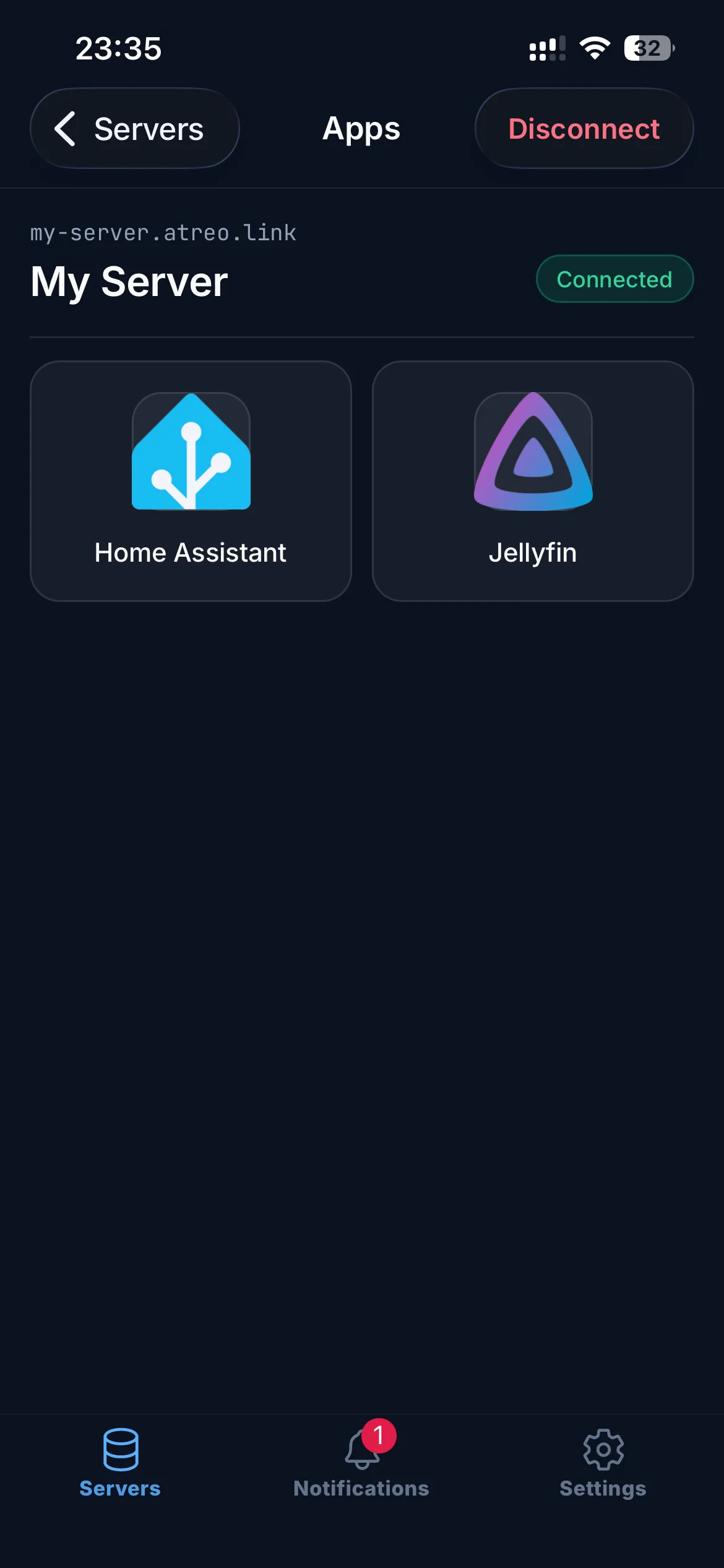 The list of apps available on a connected server, e.g. Jellyfin, Immich, Home Assistant.