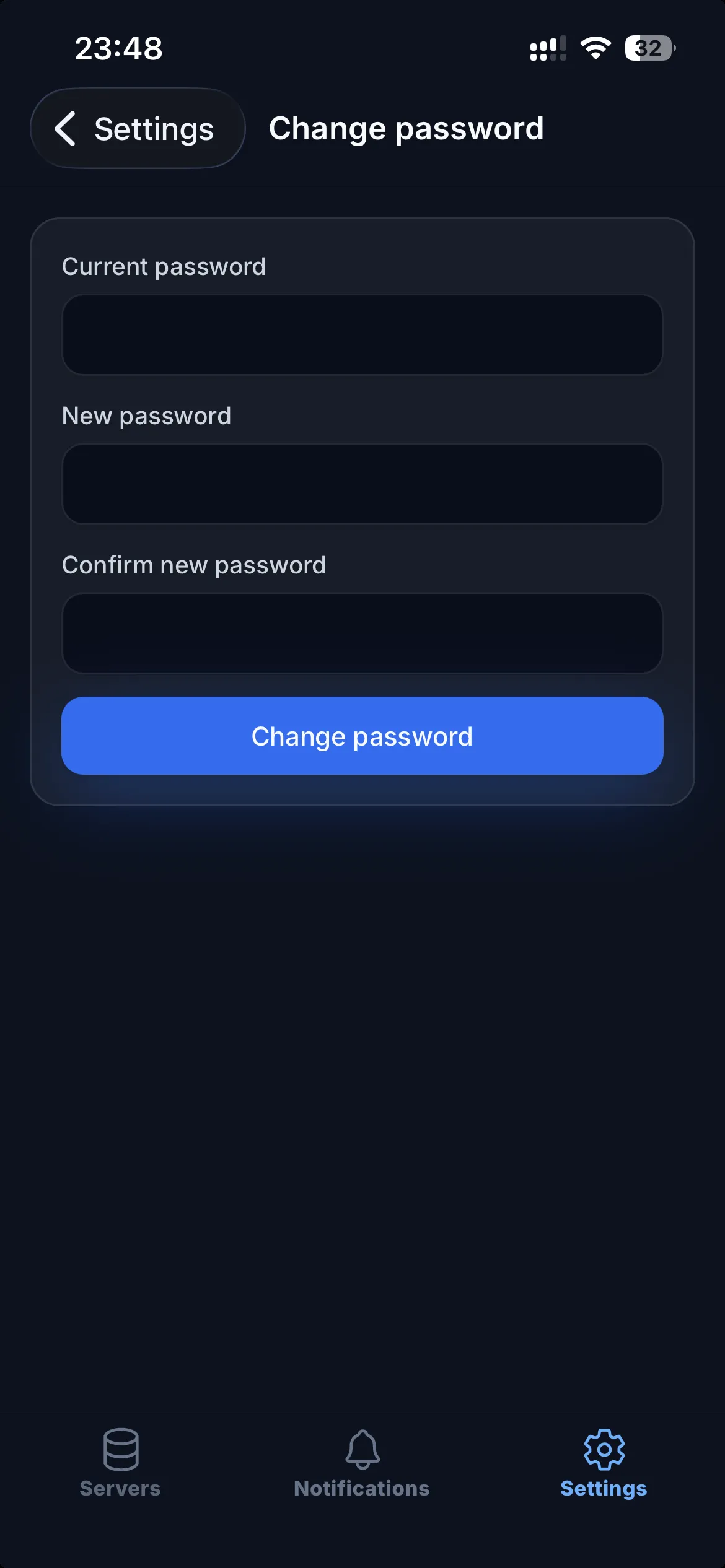 The Change password form with current, new, and confirm fields.