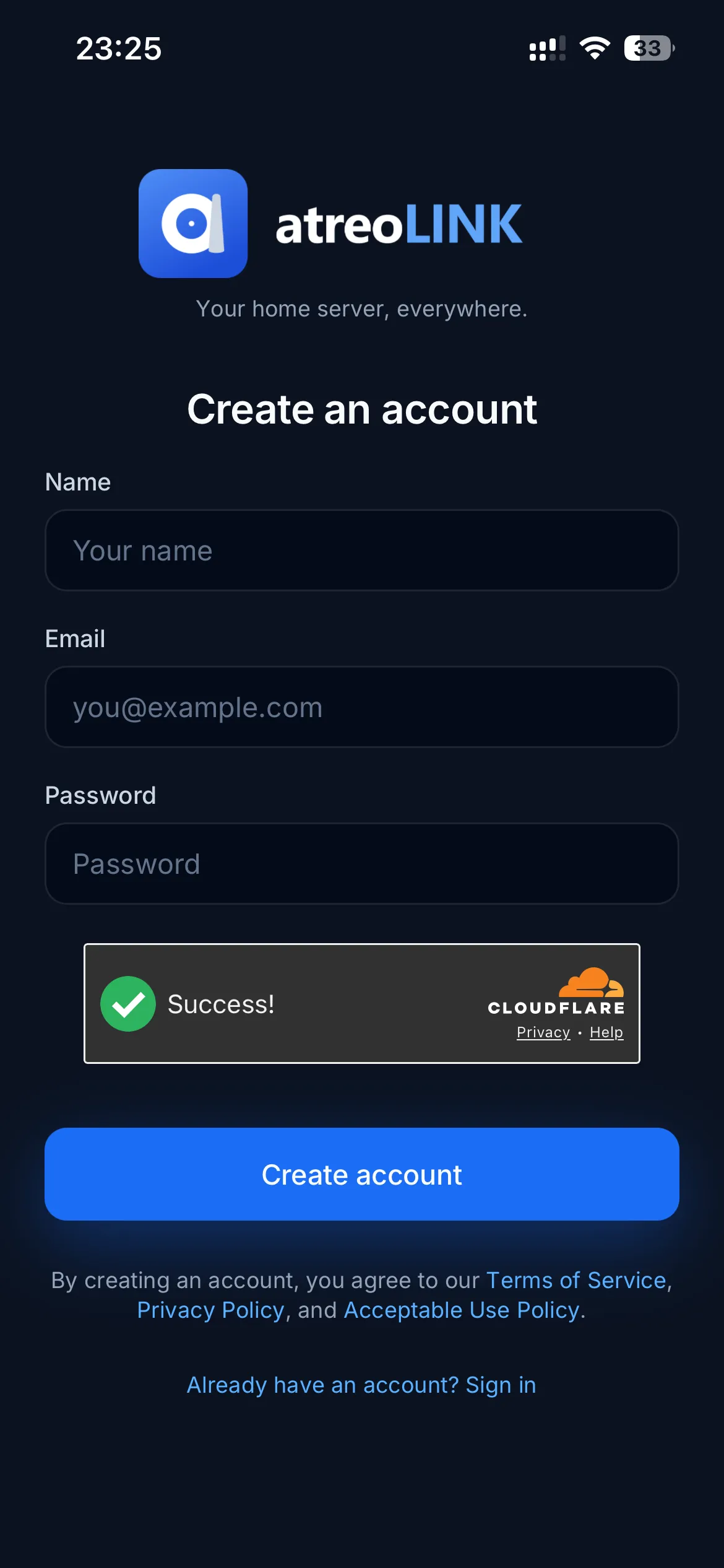 The Create an account screen with Name, Email, and Password fields, a human-verification check, and a Create account button.