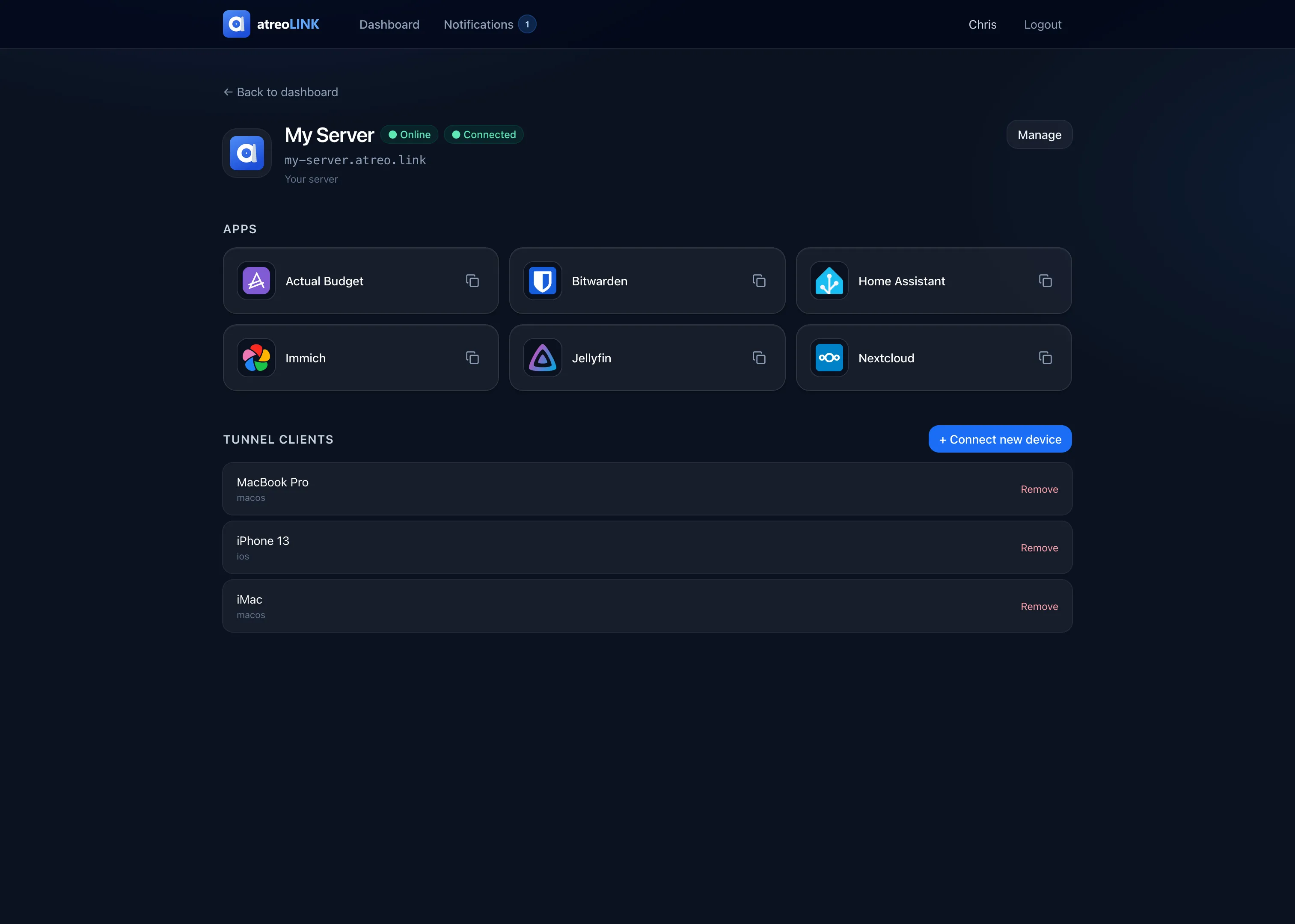 A server's page in the atreoLINK dashboard, showing the apps grid with six registered apps and the list of paired tunnel clients below.