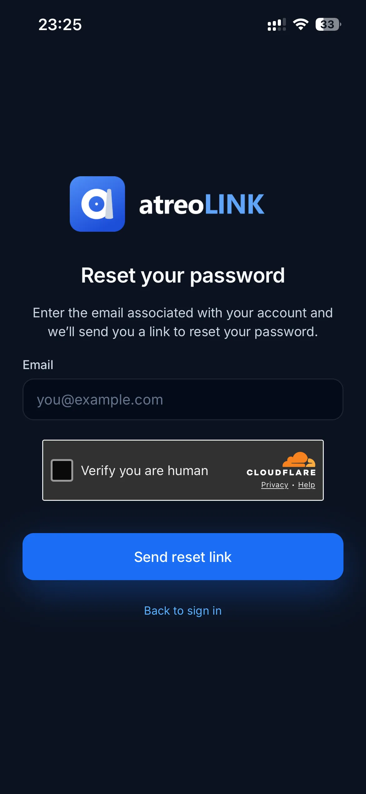 The Reset your password screen with an email field, a human-verification check, and a Send reset link button.