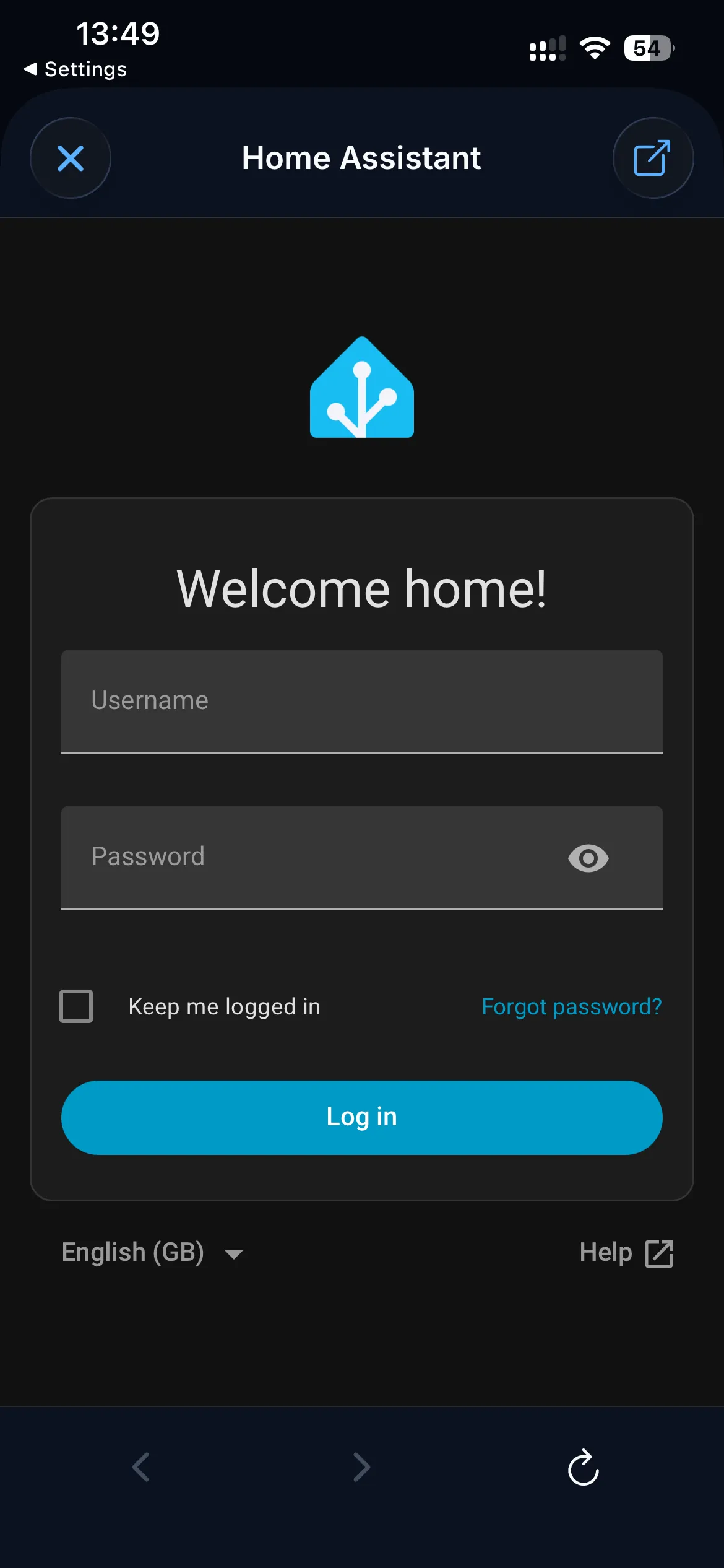 A typical app open inside the in-app browser, e.g. the Immich login screen.