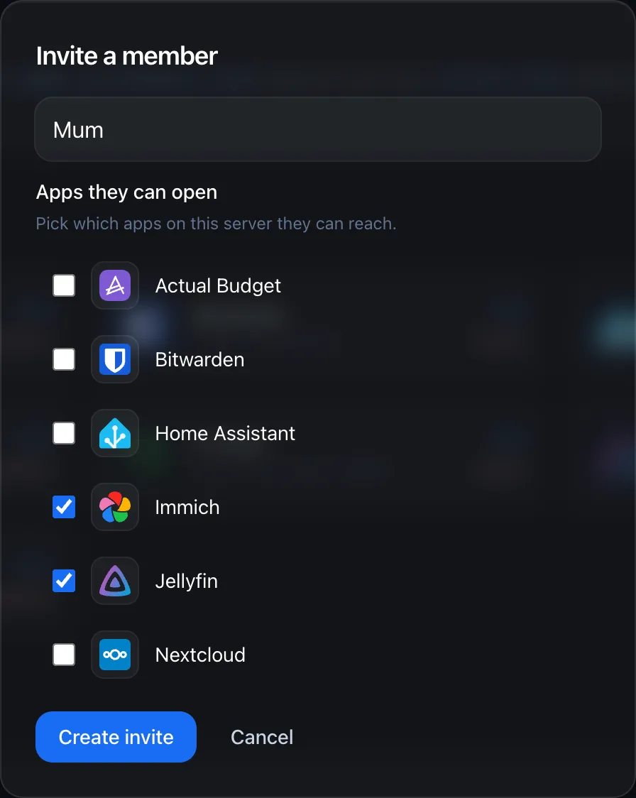The Invite a member modal with a name field, a list of apps the member can open with checkboxes, and a Create invite button.