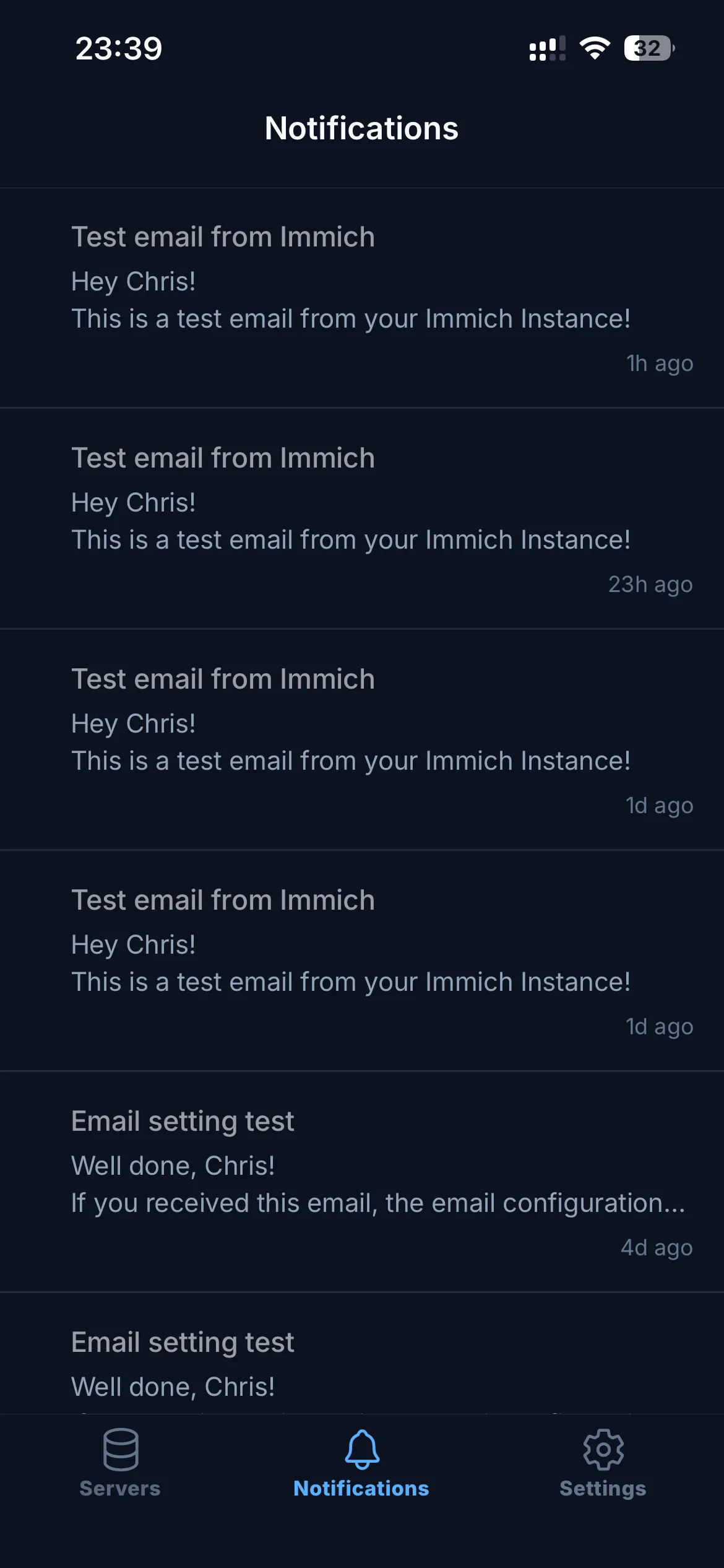 The Notifications tab showing a list of recent notifications with timestamps, severity icons, and sender metadata.