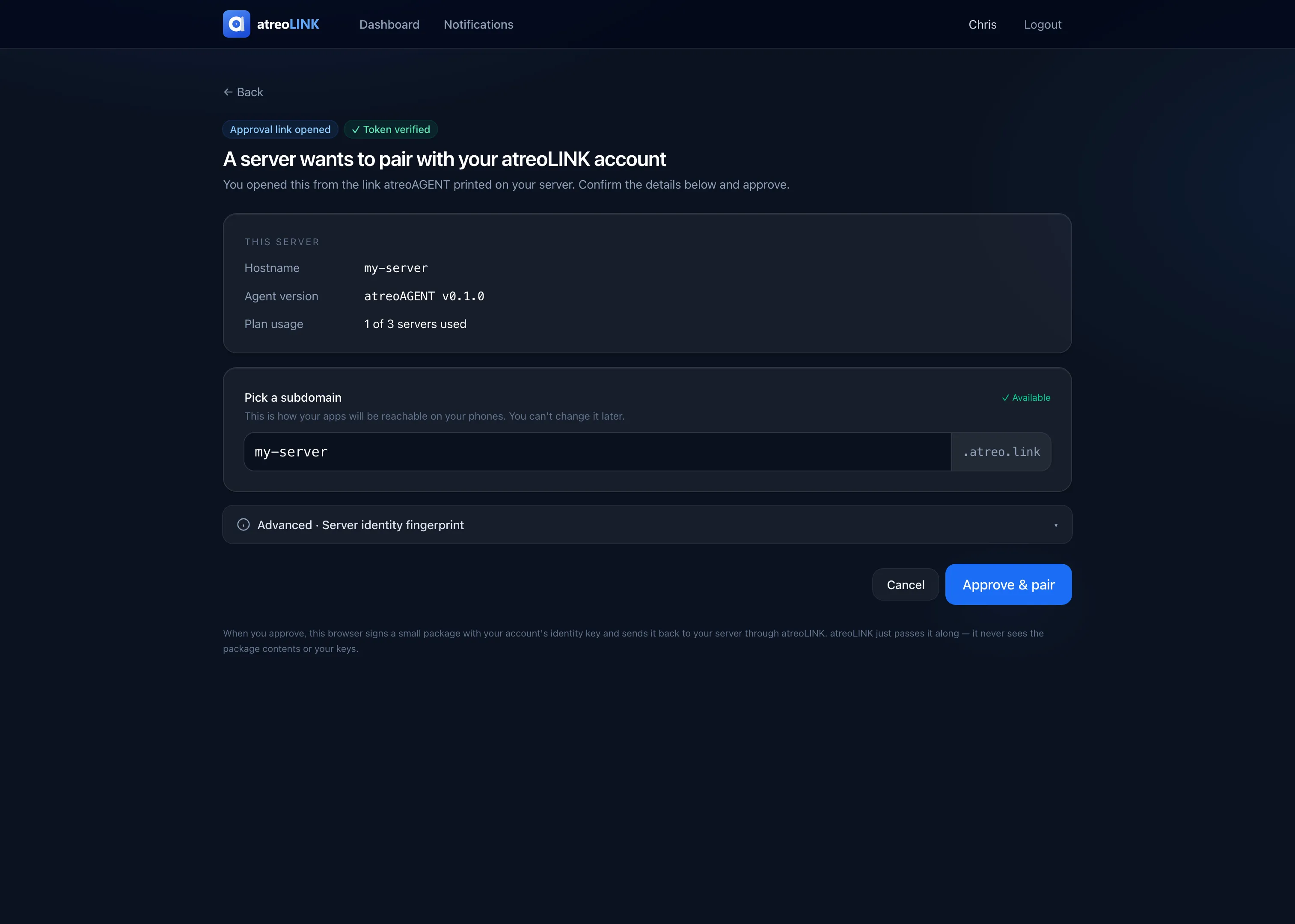 The pair-approval page in the atreoLINK web dashboard, with the agent's hostname and version, a subdomain picker, and an Approve & pair button.