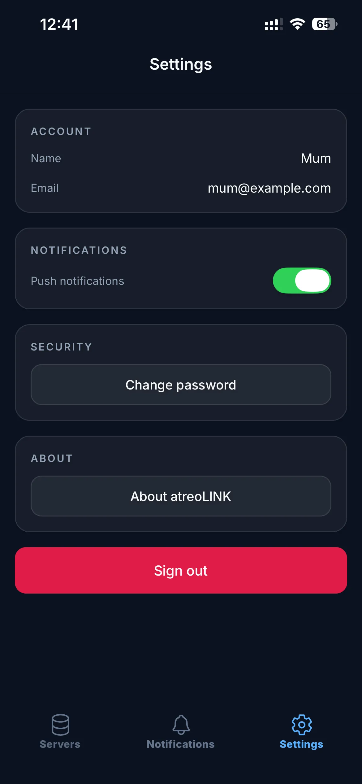 The Settings tab with Account, Notifications, Security, and About sections, and a Sign out button.