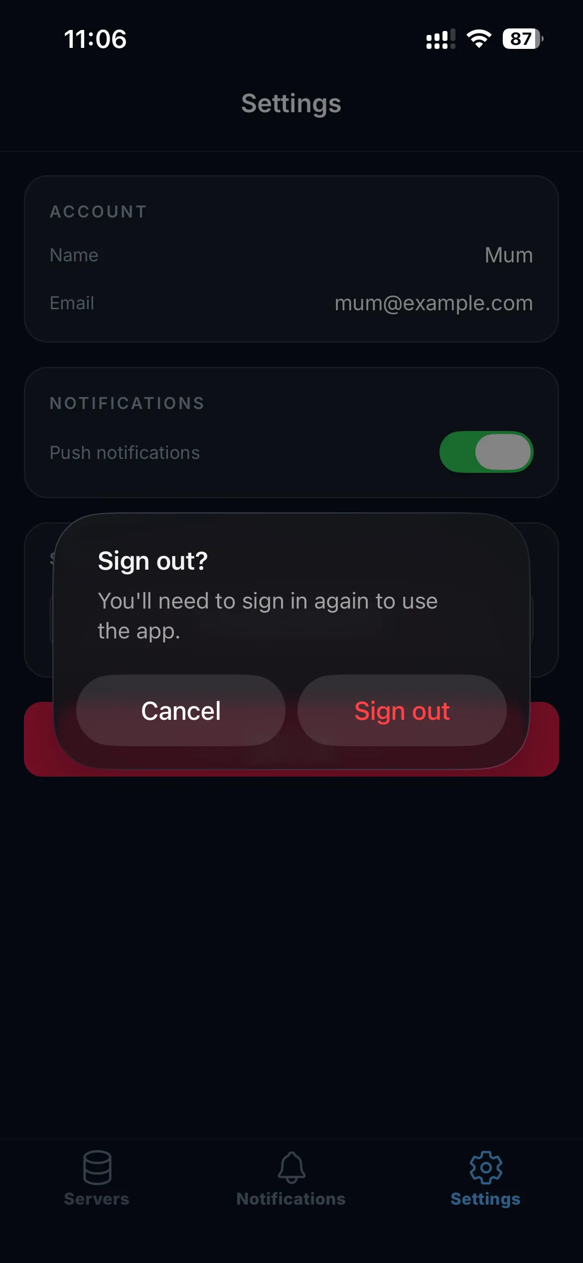 The Sign out confirmation dialog warning that you'll need to sign in again to use the app.