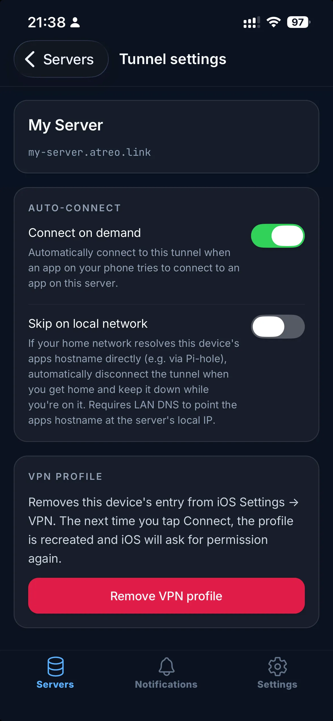 The per-server Tunnel settings sheet, grouped into Auto-connect and VPN profile sections: the Connect on demand toggle on, Skip on local network off, and a Remove VPN profile button.