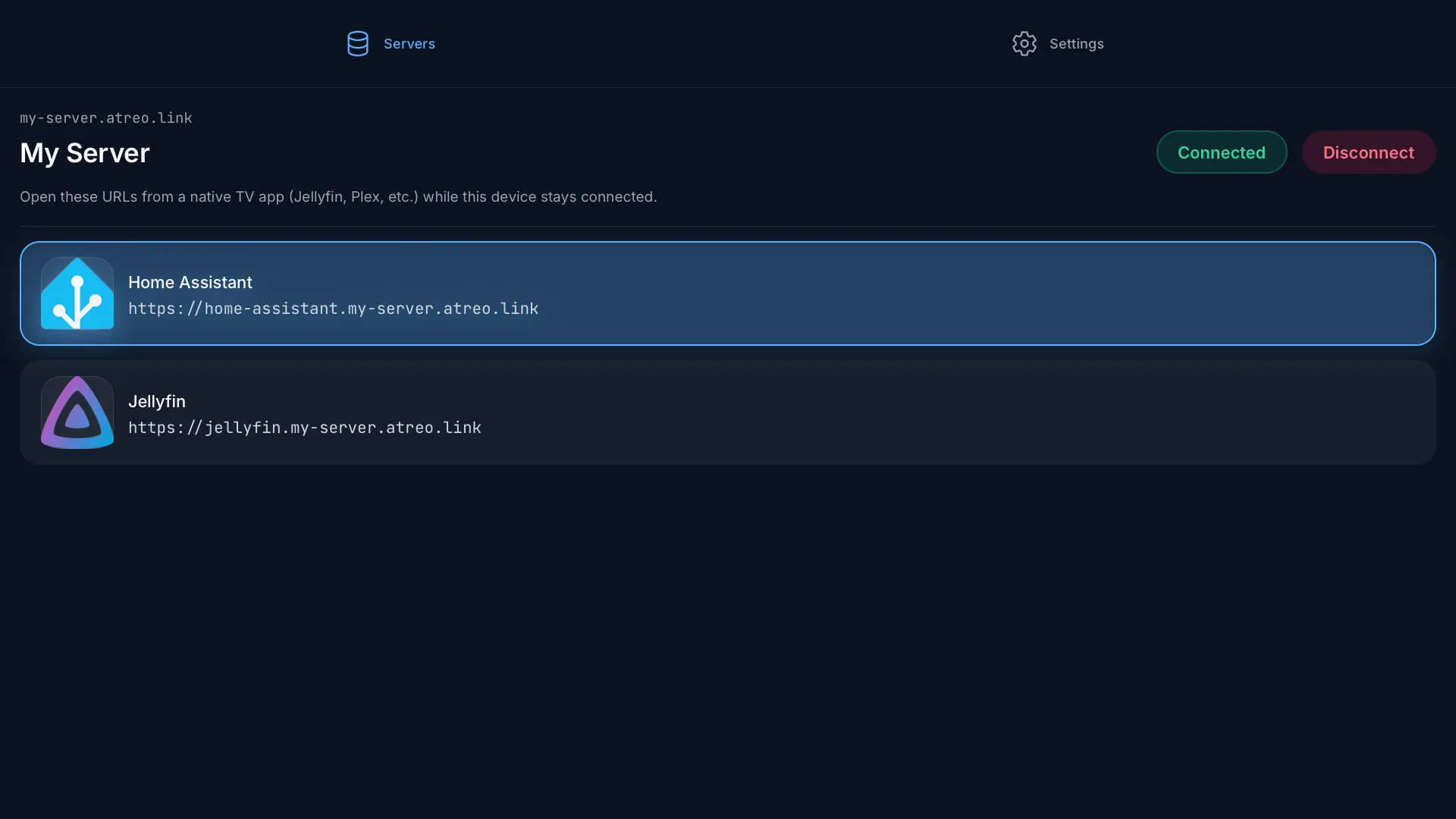The atreoLINK TV app server screen showing the Servers and Settings tabs at the top, the connected server, and a list of app URLs (Home Assistant and Jellyfin) below ready to be opened in a native TV app.