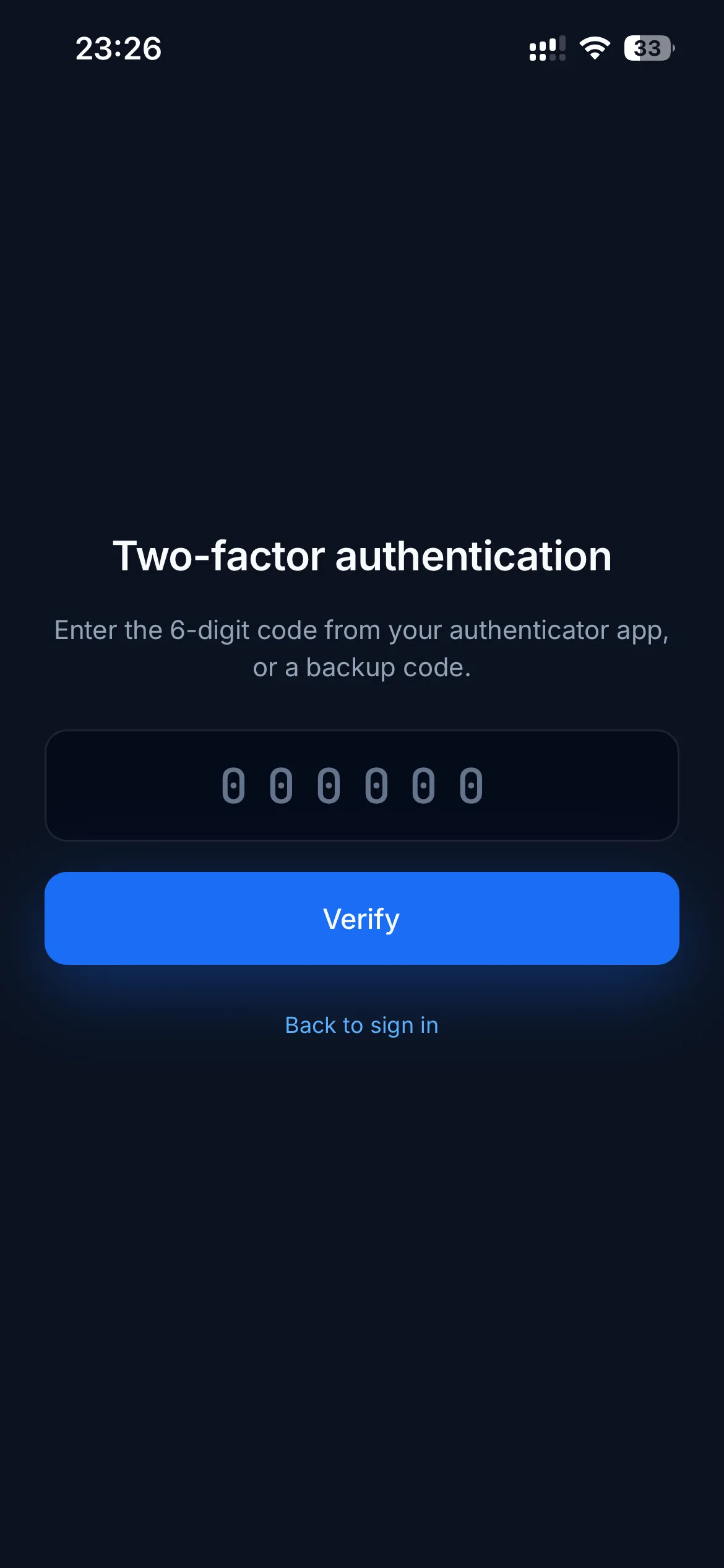 The two-factor code entry screen.