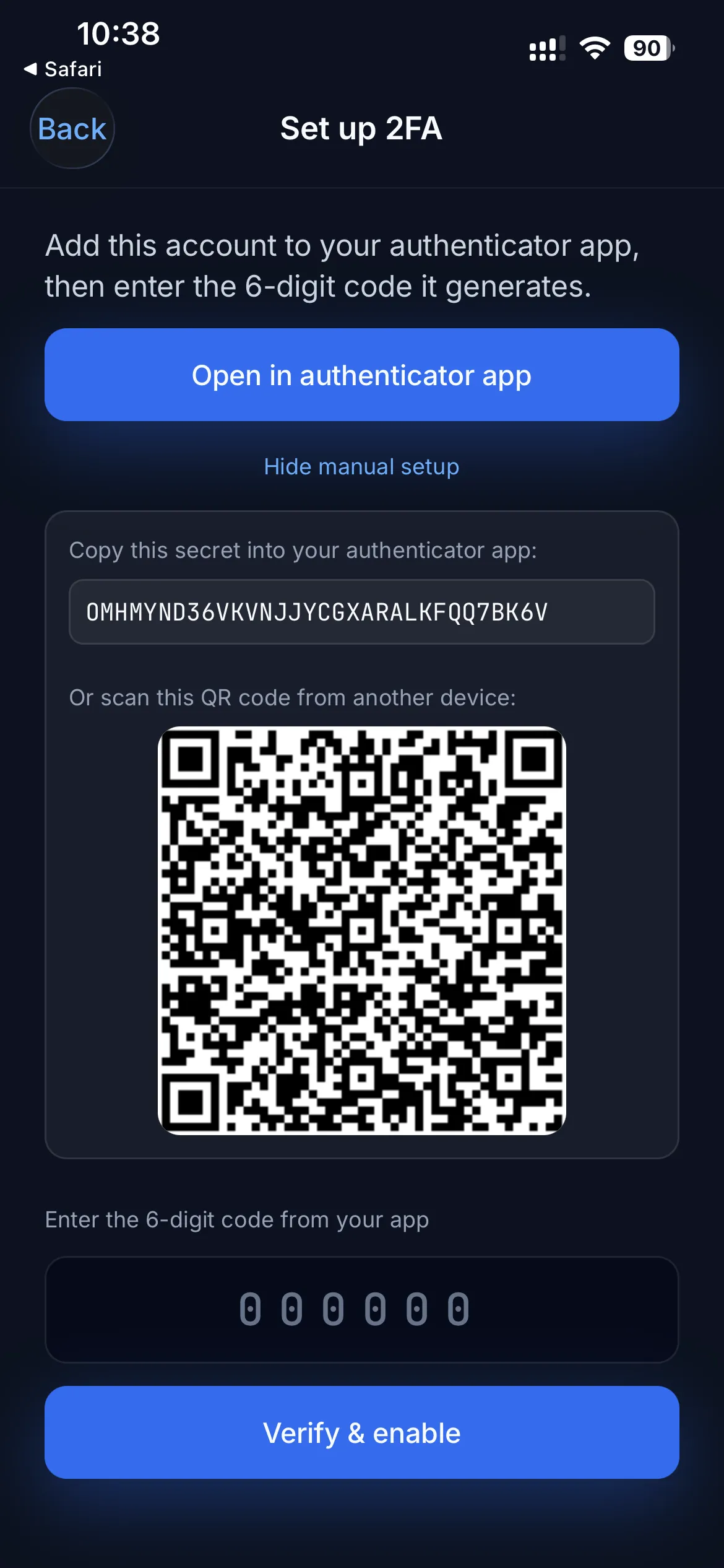 The Set up 2FA screen with manual setup expanded, showing the secret key and a QR code to scan, plus a 6-digit code entry field.