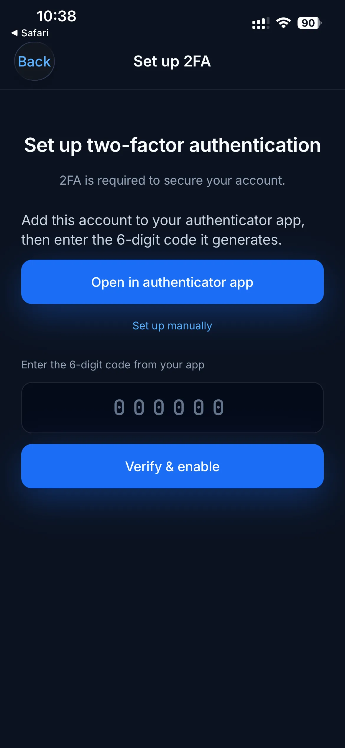 The two-factor setup screen with an Open in authenticator app button, a Set up manually link, and a 6-digit code entry field.