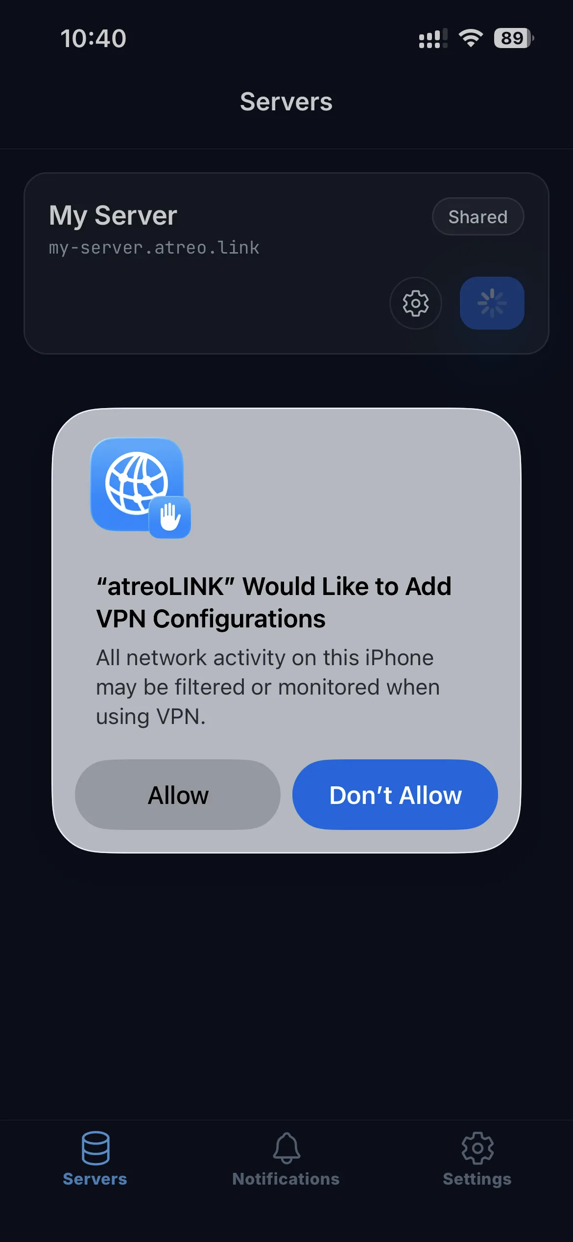 The iOS system dialog "atreoLINK Would Like to Add VPN Configurations" with Allow and Don't Allow buttons.